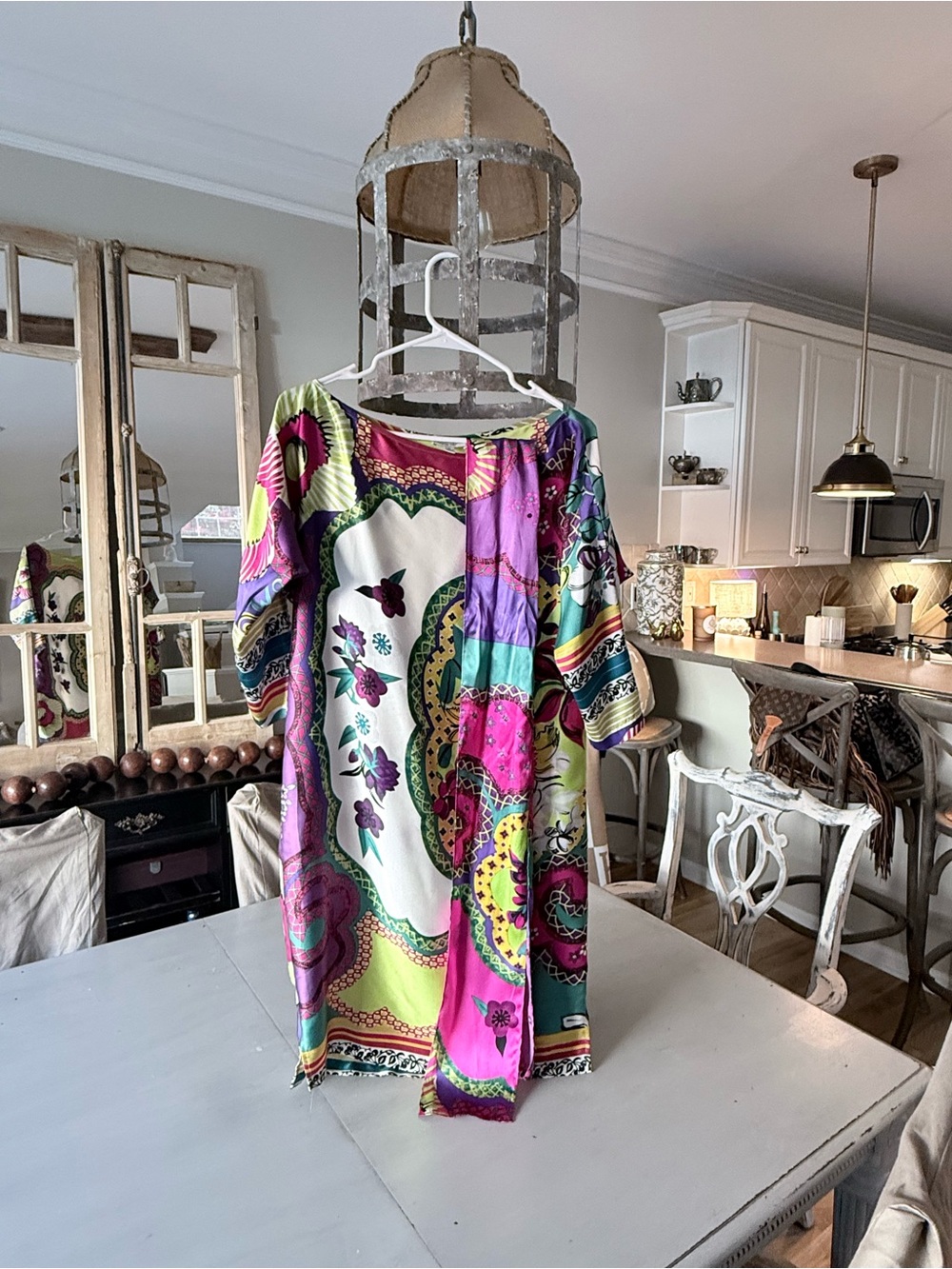 Vintage Cache Multicolor Floral Long Sleeve Dress in Pink, Purple, Green, Cream